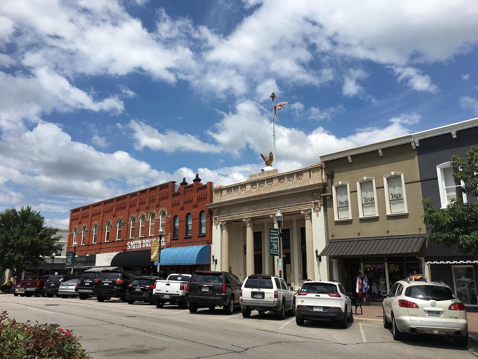 Historic storefronts along the downtown McKinney square