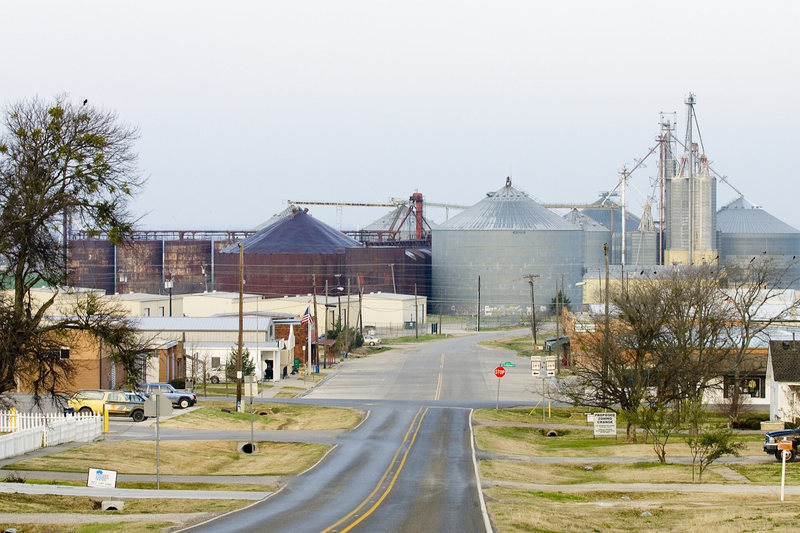 A real street and grain-elevator view in Prosper, Texas